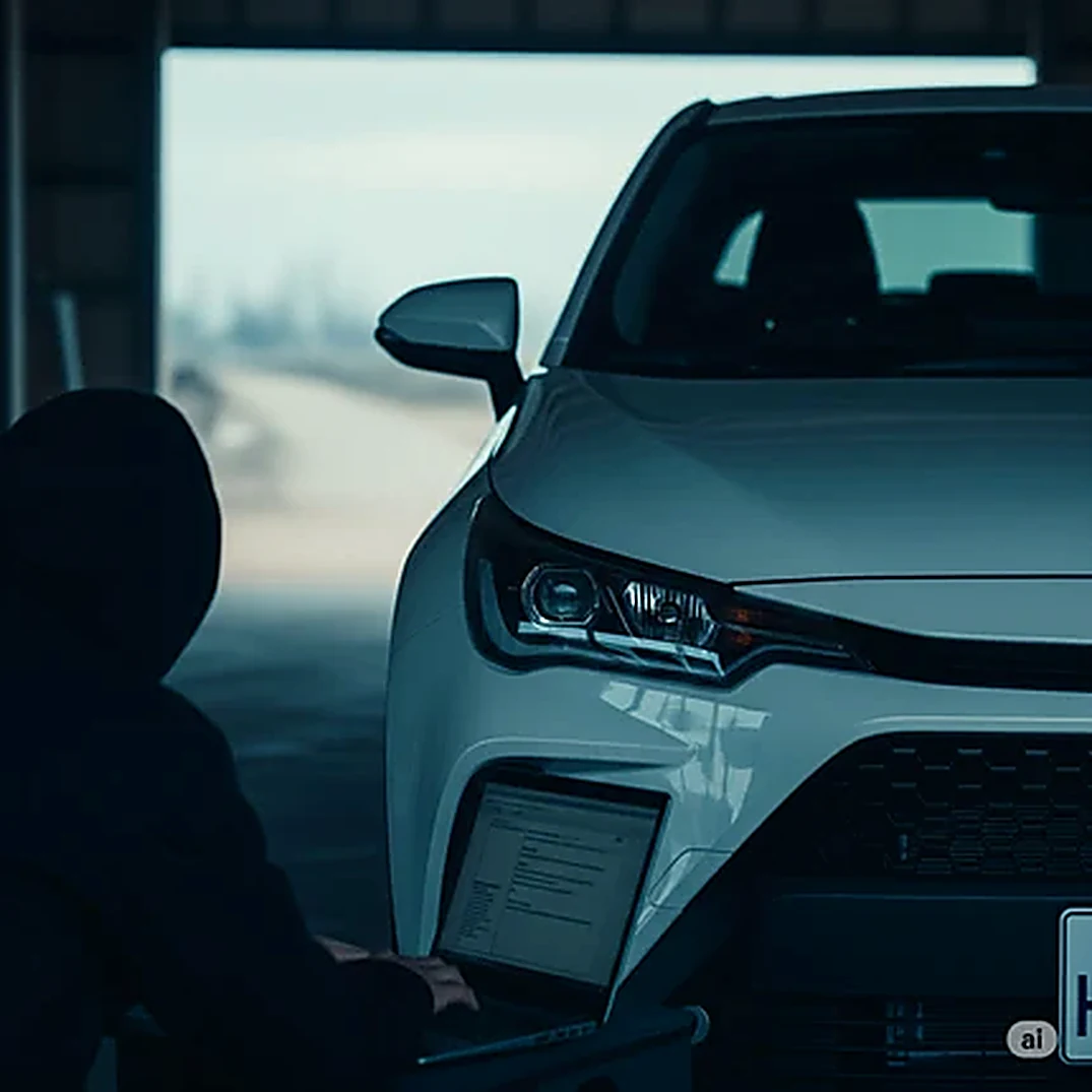 Thief with a laptop at a car
